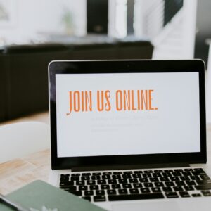 Join us online text on laptop