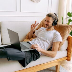 ai generated, man, living room, laptop, smile, video call, meeting, video call, video call, video call, video call, video call